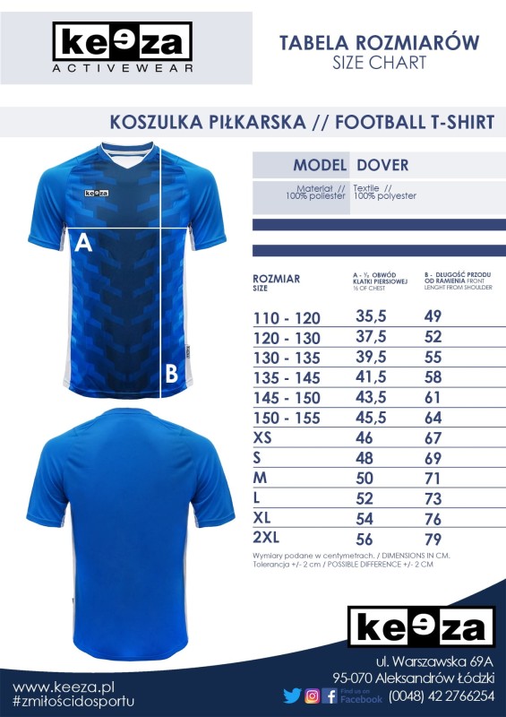 Koszulka Dover - Tabela rozmiarów