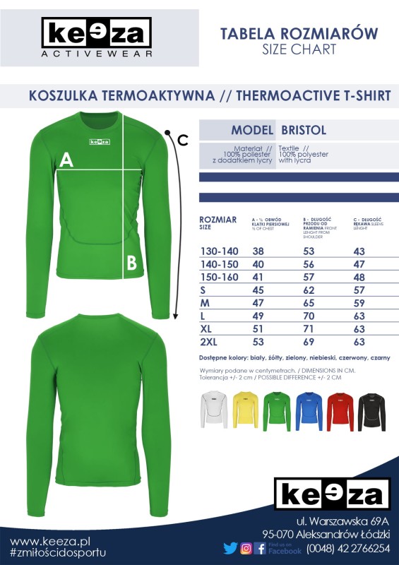 tabela wymiarów BRISTOL