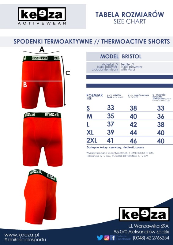 Spodenki termoaktywne Bristol - tabela rozmiarów